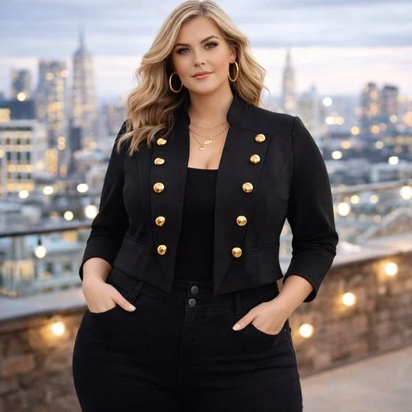 Torrid Military Ponte Cropped Blazer Womens Size 1 Black Gold Button Jacket  1X - Picture 6 of 13